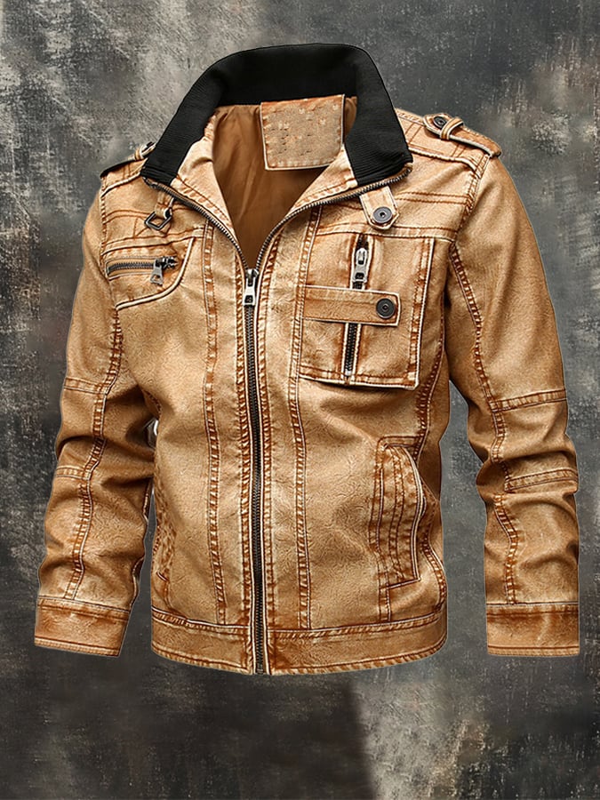 Ricky - Chaqueta Vintage De Cuero Para Exterior Con Múltiples Bolsillos