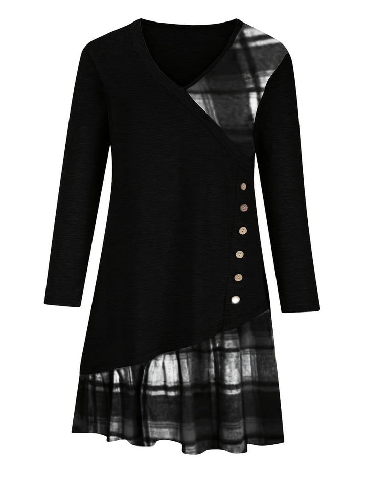 Alinor - Vestido Informal de Manga Larga Con Estampado de Cuadros y Patchwork