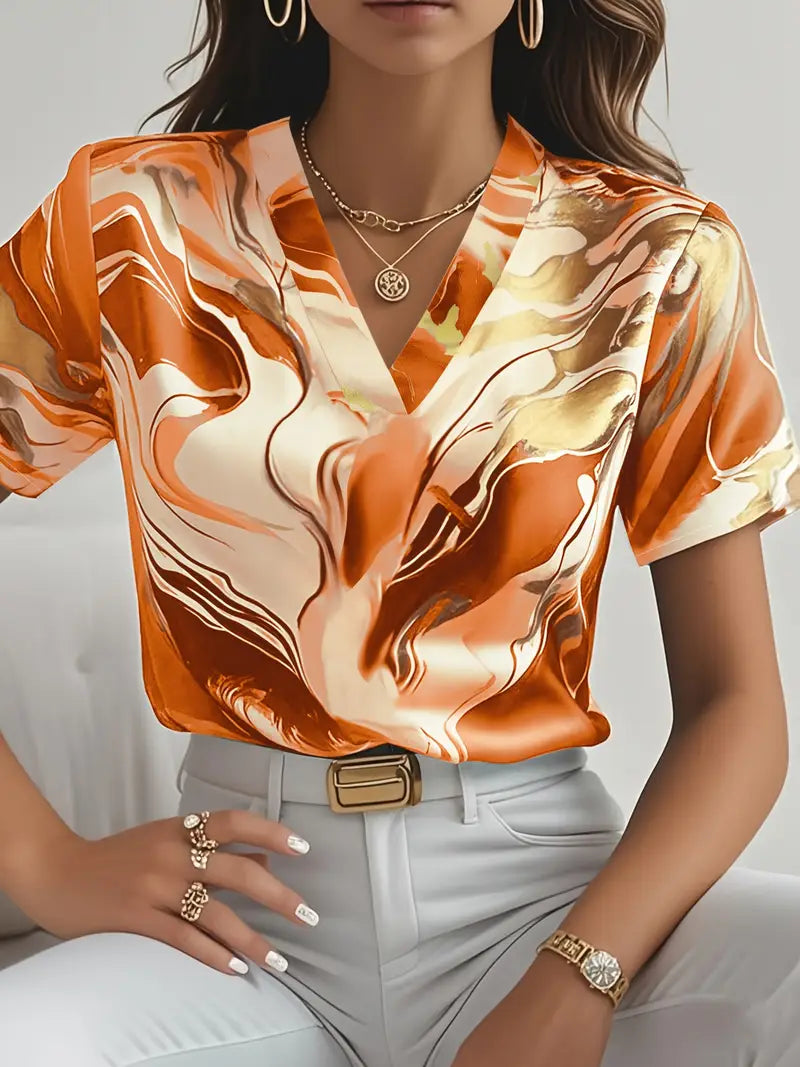 Maroula - Elegante Camisa De Manga Corta Con Estampado De Mármol