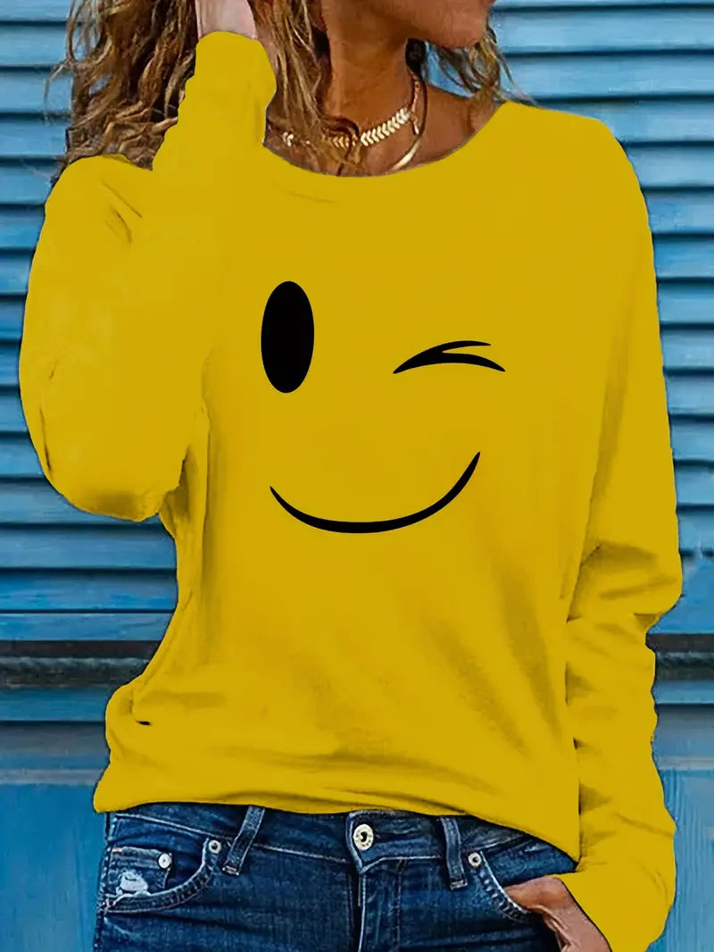 Odalina - Camiseta Informal Con Estampado Sonriente Guiño