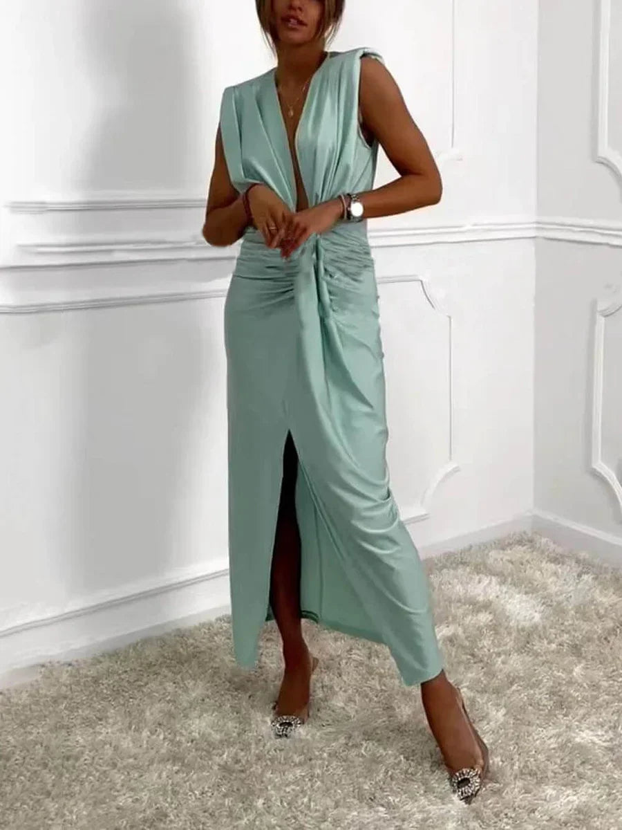 Jolira - Vestido Midi Clásico Con Abertura Drapeada Fruncida