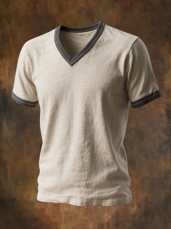 Camiseta De Manga Corta Con Cuello En V y Bloques De Color Retro Para Hombre