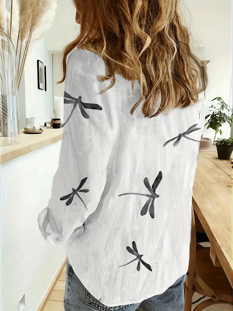 Melek - Camisa Informal Holgada Con Estampado De Libélulas