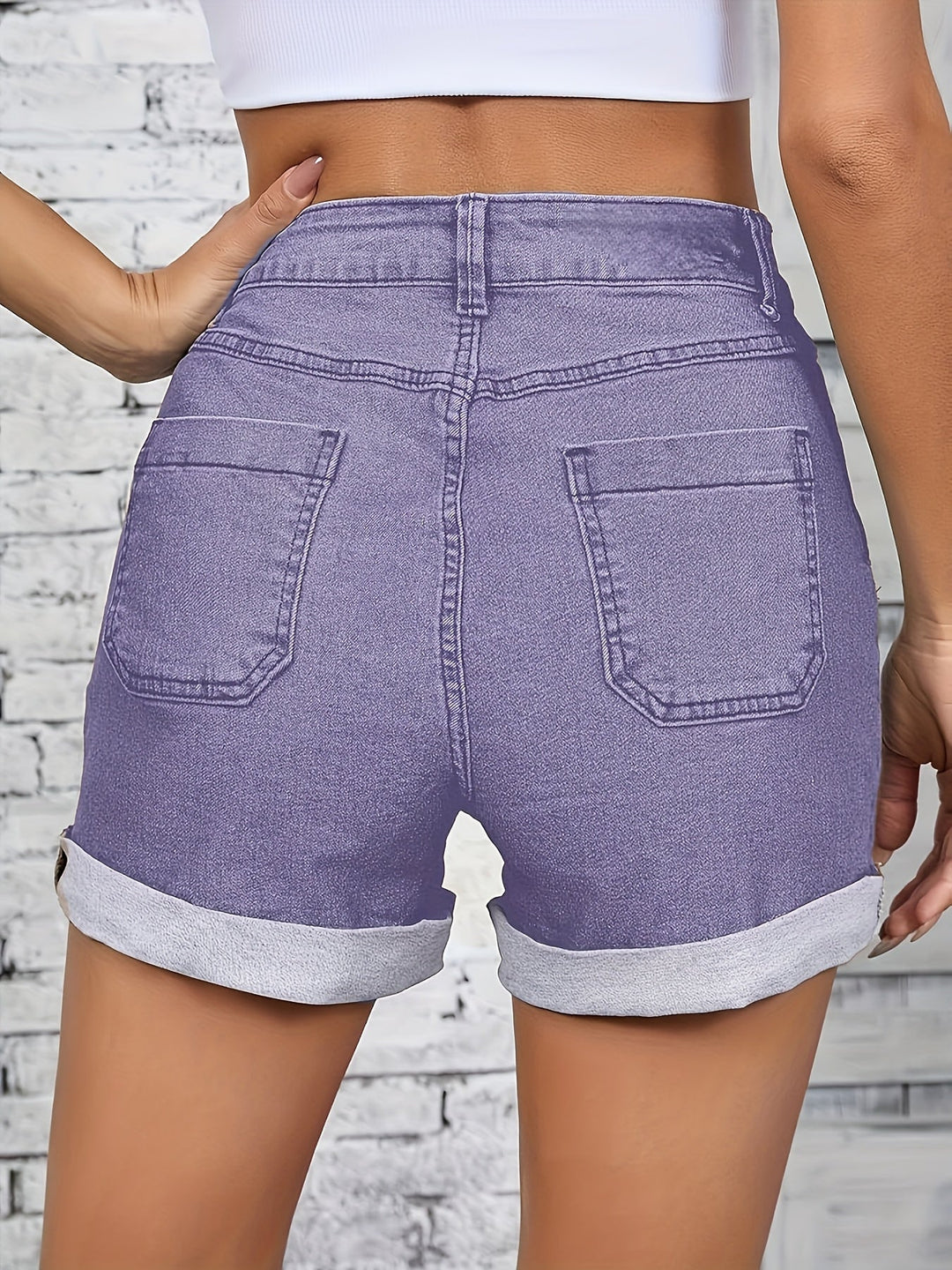 Thelma - Pantalones Cortos Vaqueros Elásticos De Cintura Alta Con Botón