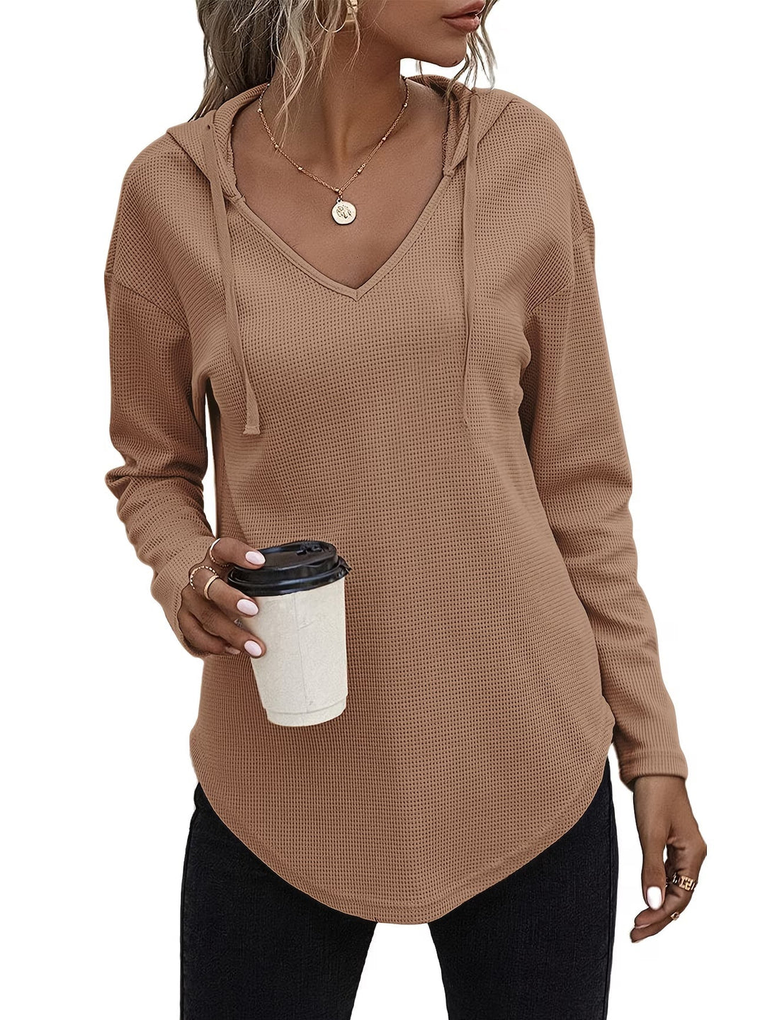 Seonie - Manga Larga Cuello en V Sudadera Con Capucha