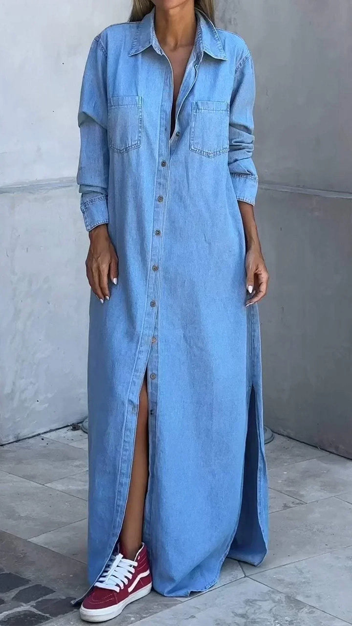 Vallina - Vaqueros Manga Larga Vestido Con Solapa