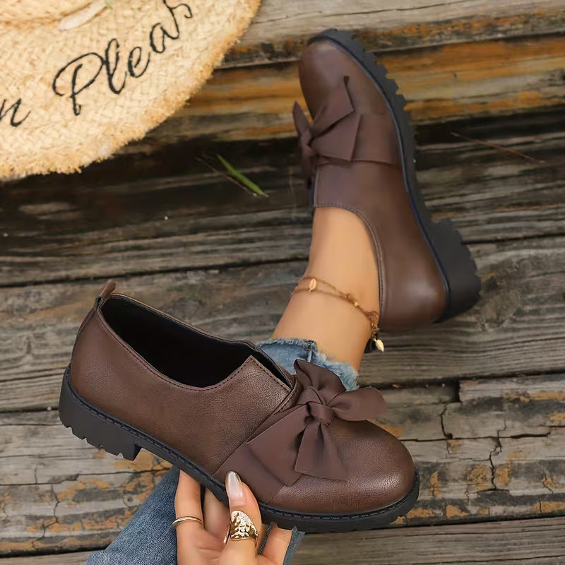 Nargiza - Mocasines Con Punta Redonda Suela Gruesa Y Elegante Lazo Decorativo