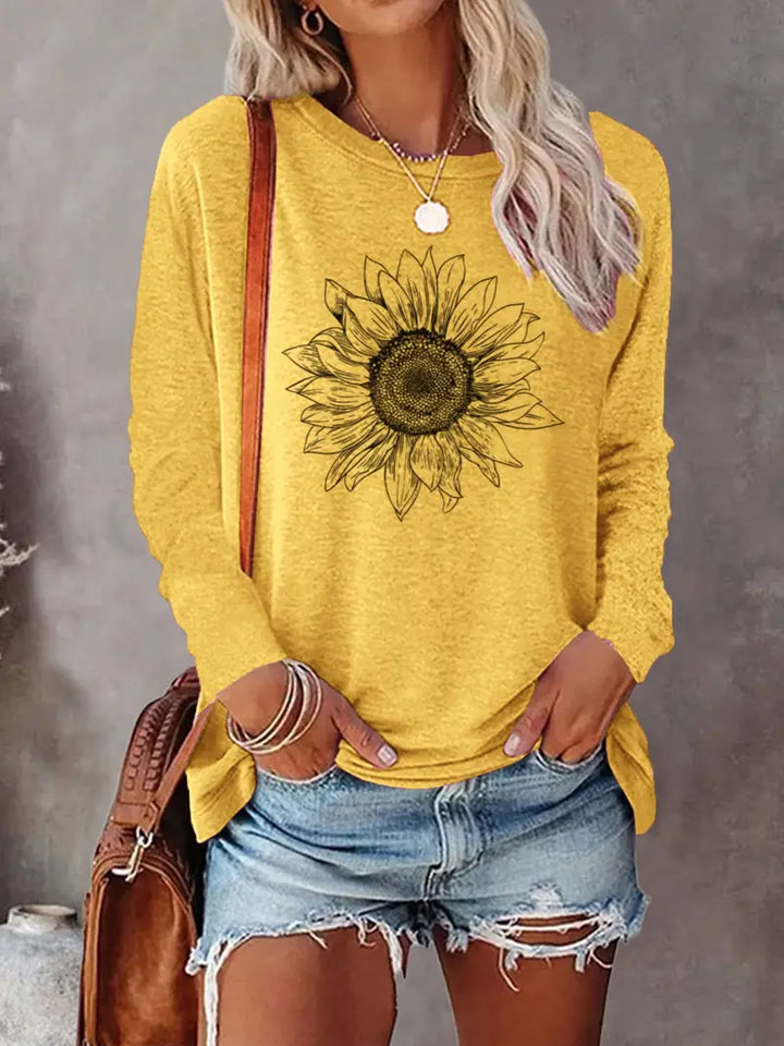 Levine - Elegante Top Túnica de Manga Larga Con Estampado De Girasoles
