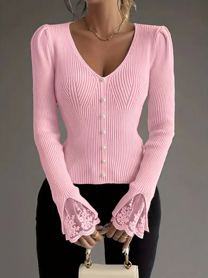 Visenna - Elegante Jersey Con Cuello en V y Mangas De Encaje