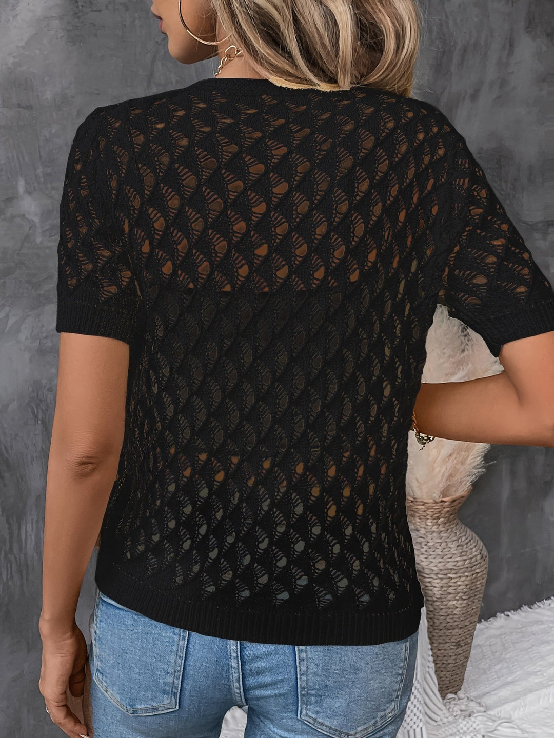 Angelique - Elegante Jersey De Manga Corta Con Encaje Y Escote En V