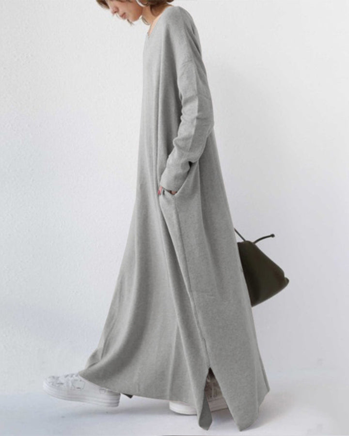 Bonita - Vestido Largo De Manga Larga Con Cuello En V a La Moda