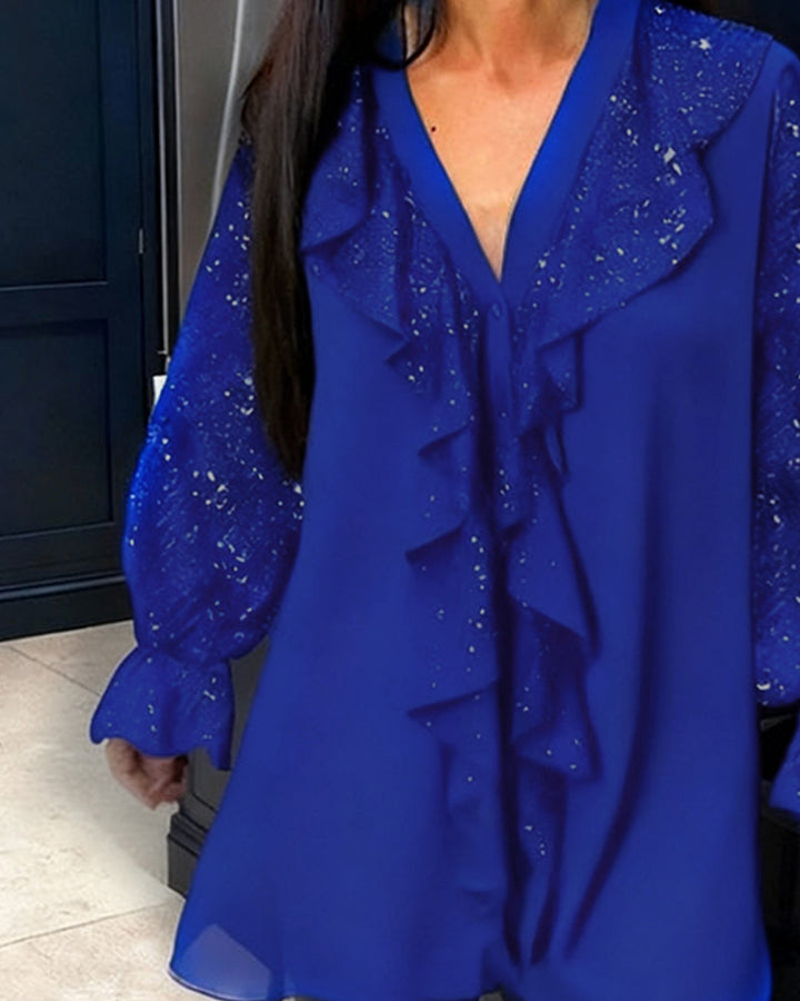 Alexiss - Blusa Con Cuello En V y Volantes Brillantes