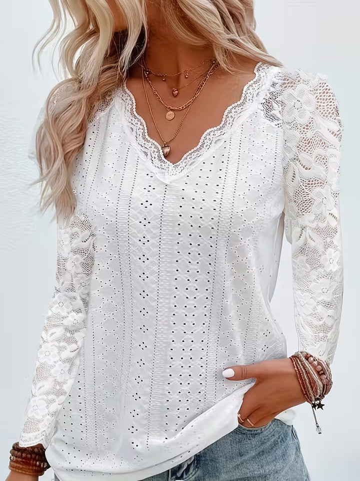 Shaleva - Elegante Camisa de Manga Larga Con Cuello en V de Encaje
