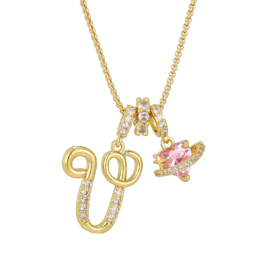 Nerute - Collar Con Inicial y Colgante de Corazón Rosa