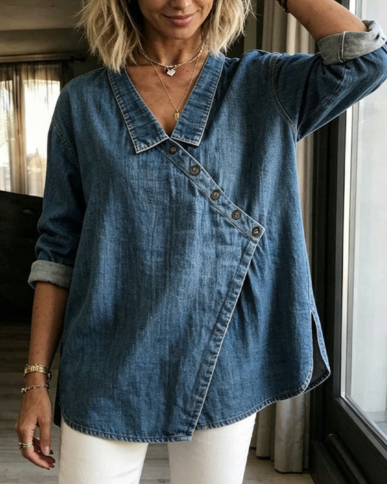 Olizia - Blusa Lisa Con Cuello Abotonado En Diagonal