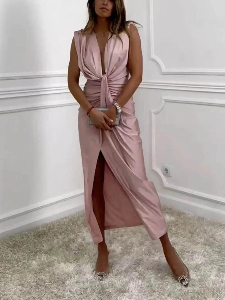 Jolira - Vestido Midi Clásico Con Abertura Drapeada Fruncida