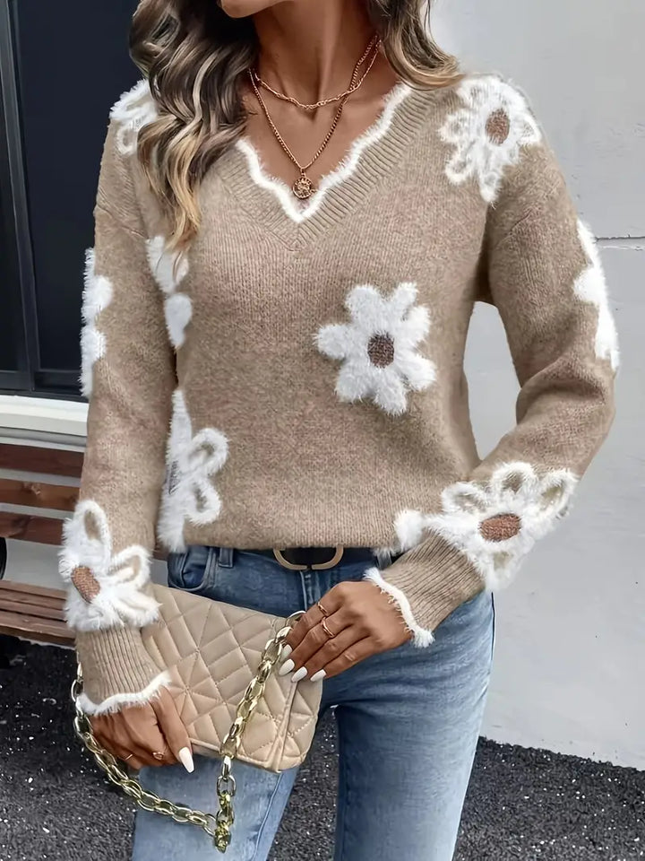 Melanira - Elegante Jersey Con Cuello En V y Estampado De Flores