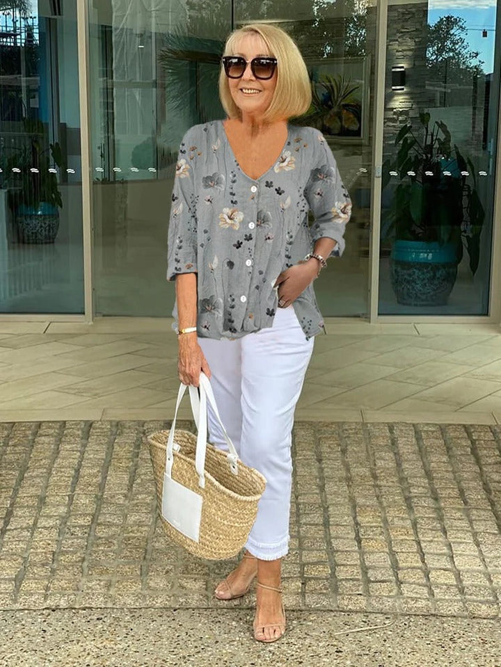 Teresa - Elegante Floral Blouse Con Botón