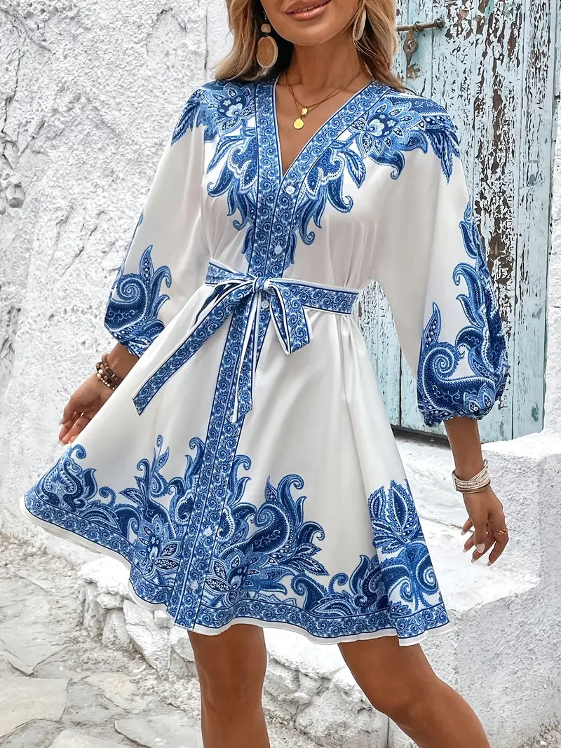 Gwenda - Vestido Evasé Con Estampado De Cachemira y Cuello En V