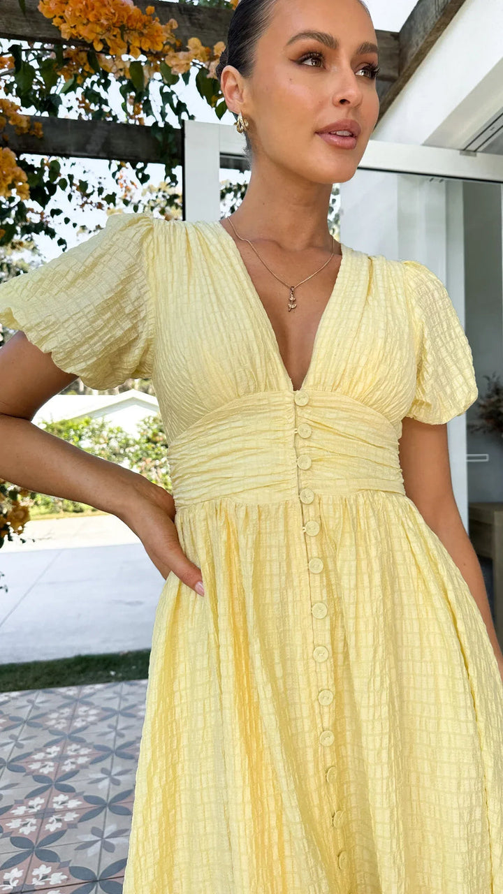 Sneja - Elegante Vestido Con Mangas Abullonadas y Botones