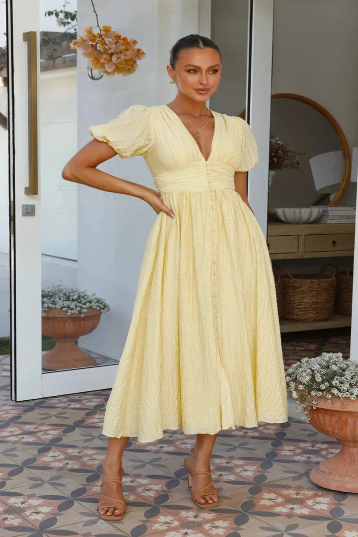 Sneja - Elegante Vestido Con Mangas Abullonadas y Botones