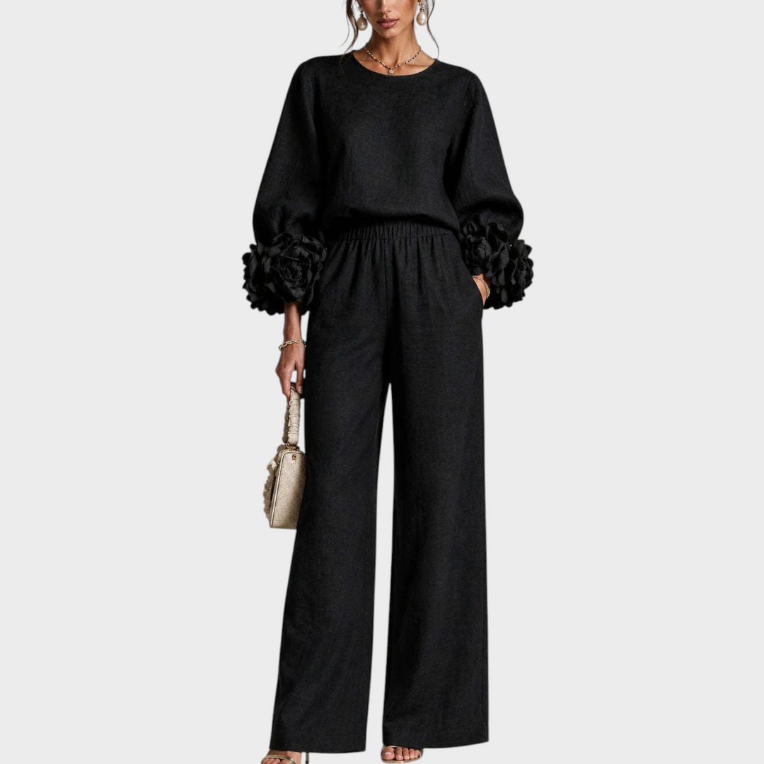 Mersada - Conjunto de Pantalón de Pierna Ancha y Manga Larga Con Puños Florales