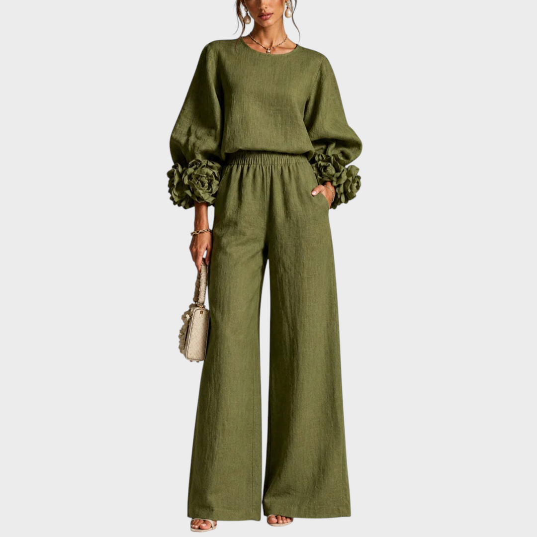 Mersada - Conjunto de Pantalón de Pierna Ancha y Manga Larga Con Puños Florales