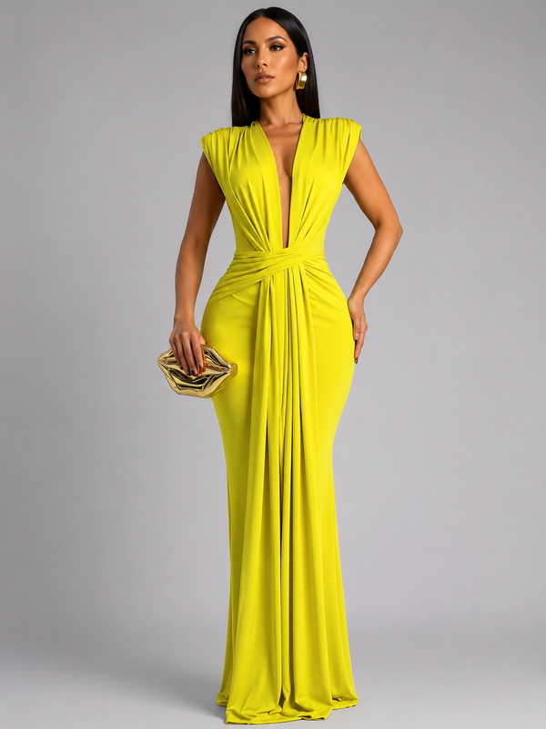 Femke - Vestido Largo Con Cuello en V y Fruncidos