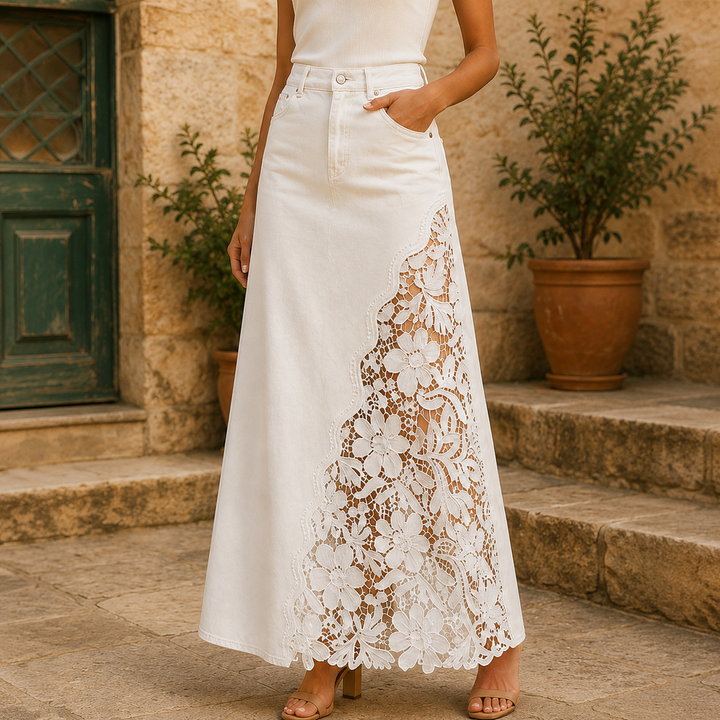 Khaingan - Falda Larga De Denim Con Encaje