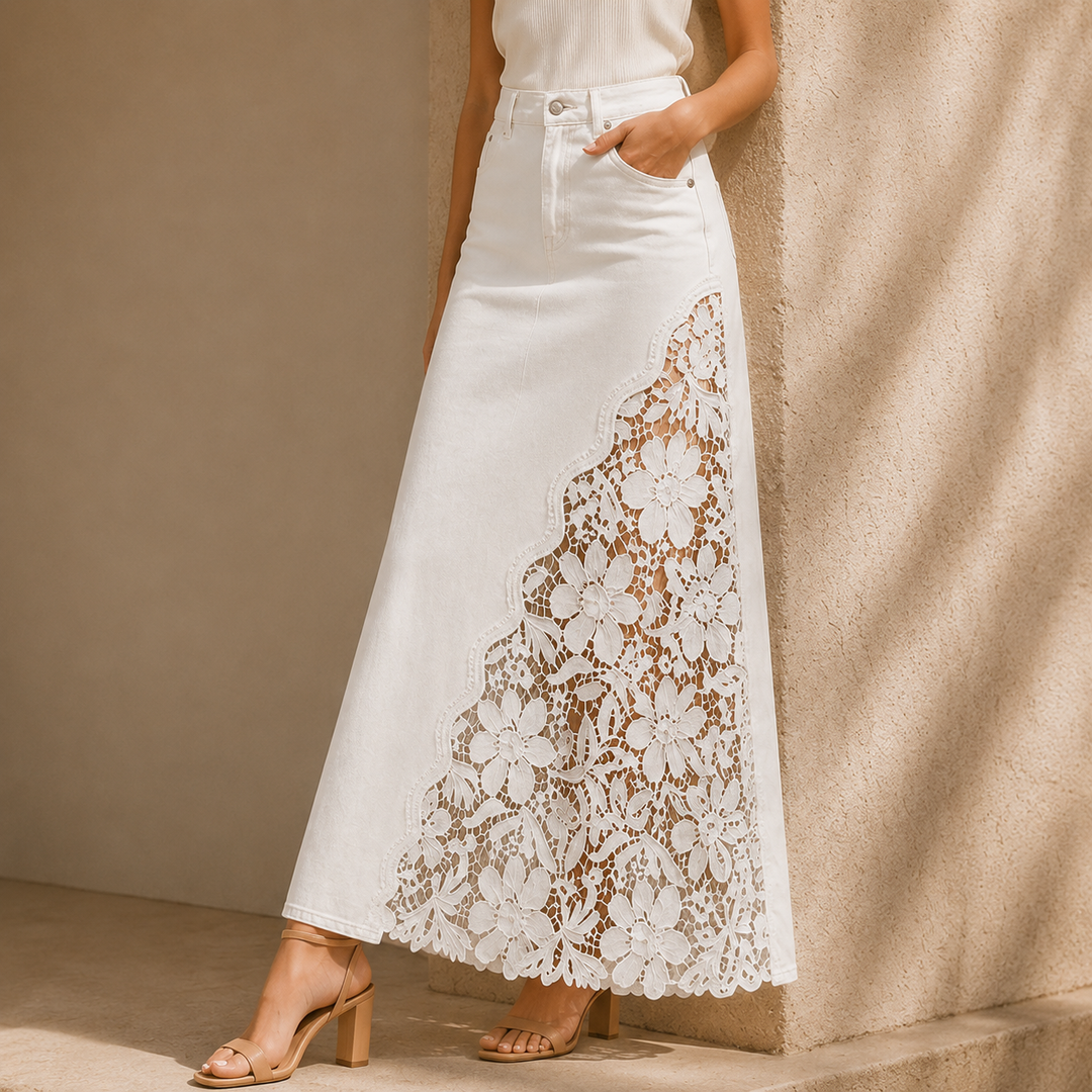 Khaingan - Falda Larga De Denim Con Encaje