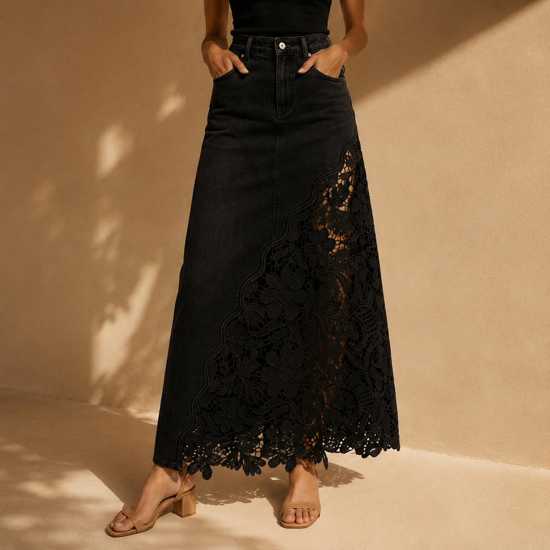 Khaingan - Falda Larga De Denim Con Encaje