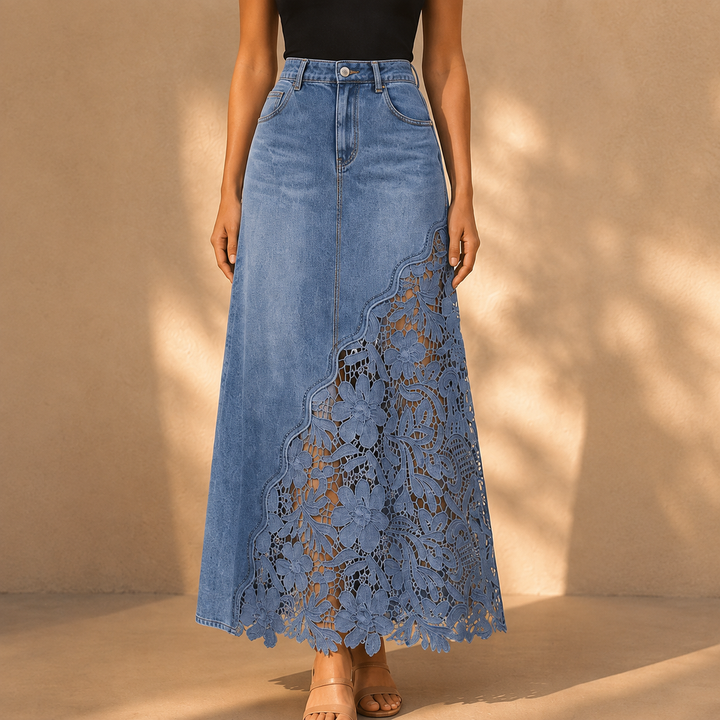 Khaingan - Falda Larga De Denim Con Encaje