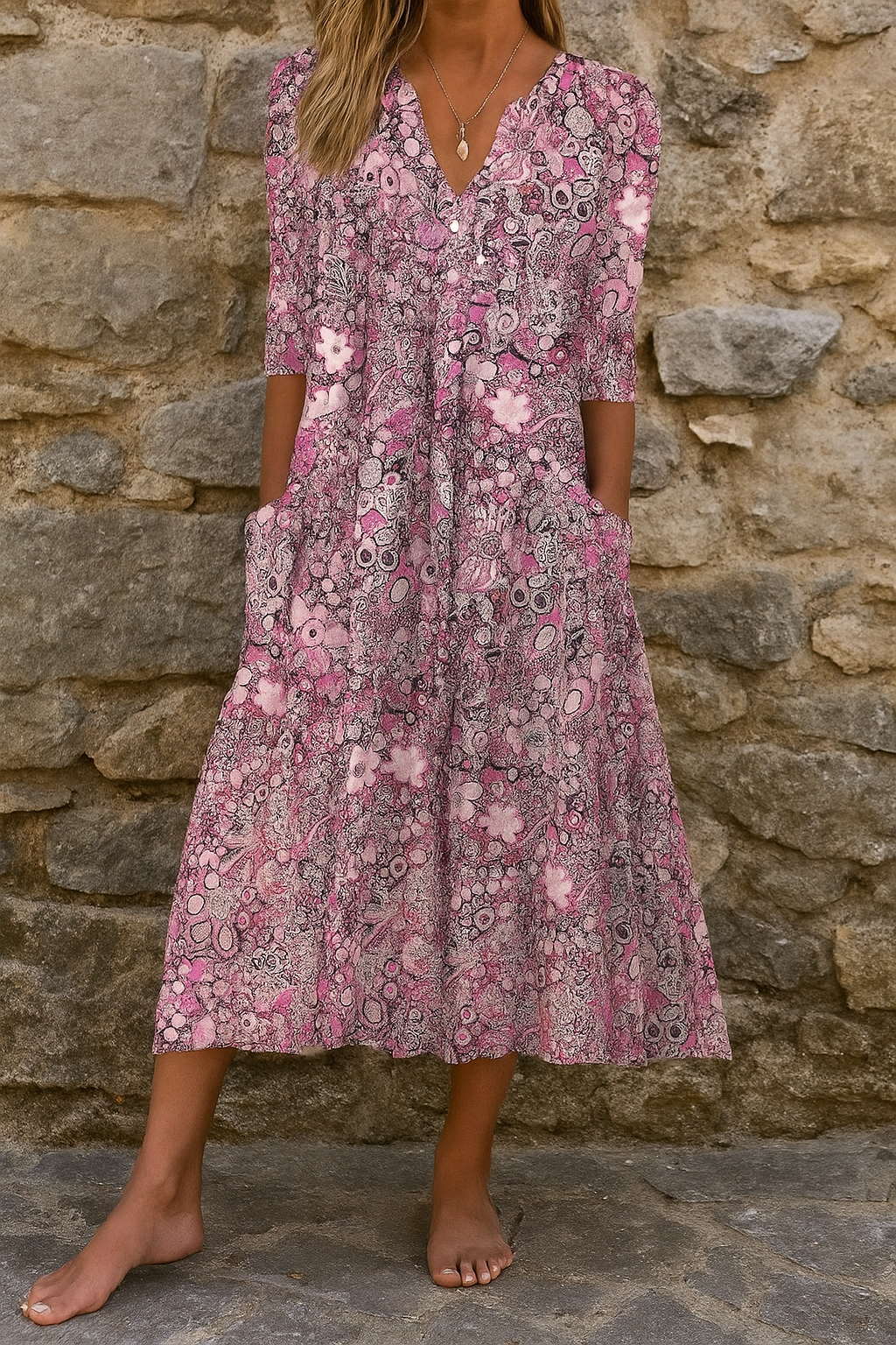 Eliskaa - Elegante Vestido Floral Con Cuello En V