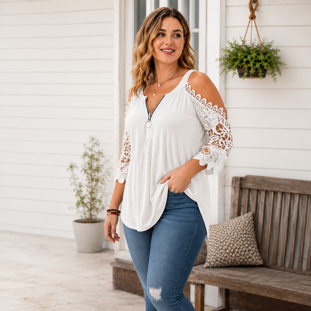 Palchuk - Elegante Blusa De Encaje Con Hombros Al Aire