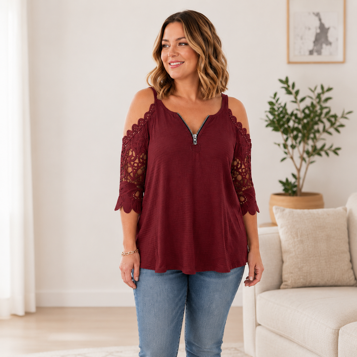 Palchuk - Elegante Blusa De Encaje Con Hombros Al Aire