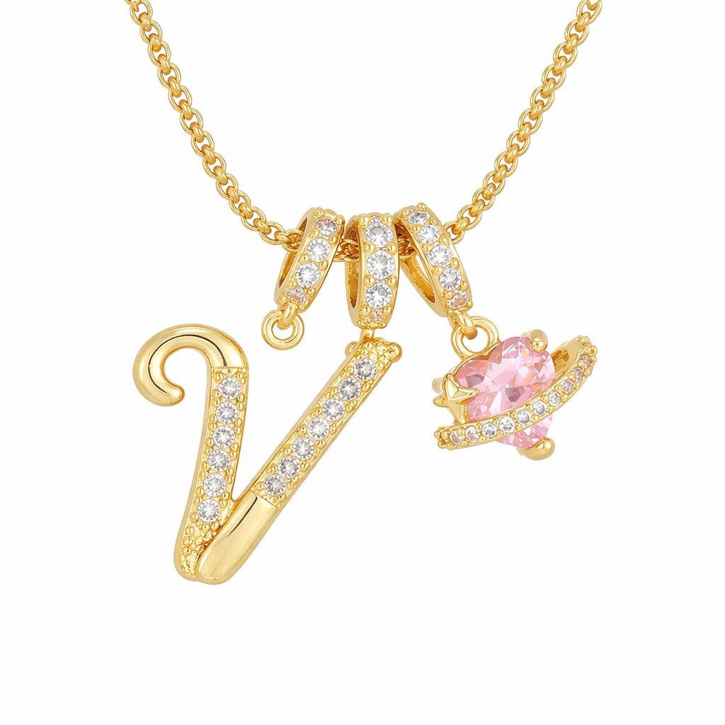 Nerute - Collar Con Inicial y Colgante de Corazón Rosa