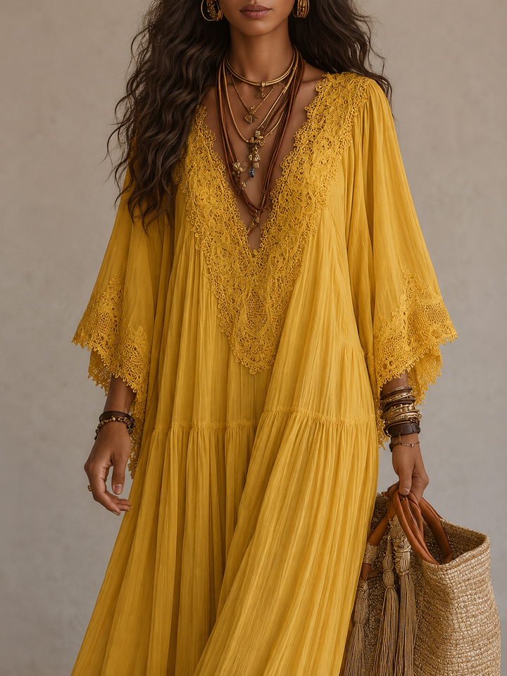 Ainura - Vestido Largo De Gasa Y Encaje en Color Marfil