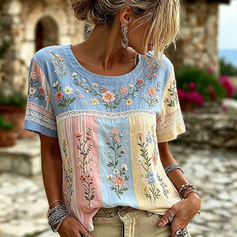 Solenna - Camiseta De Manga Corta Con Diseño De Patchwork Y Bordados Florales