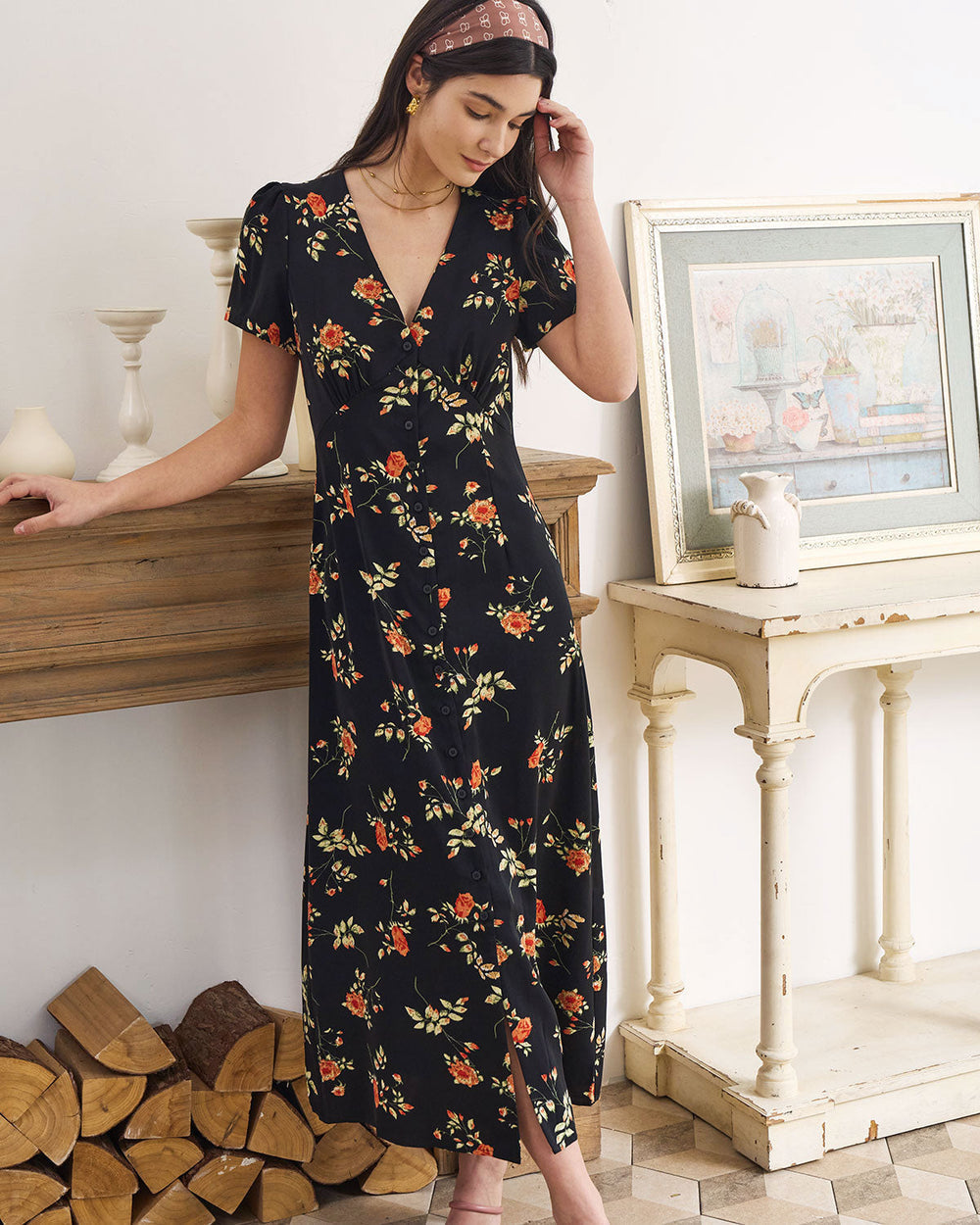 Kambria - Vestido Midi De Manga Corta Con Estampado De Flores