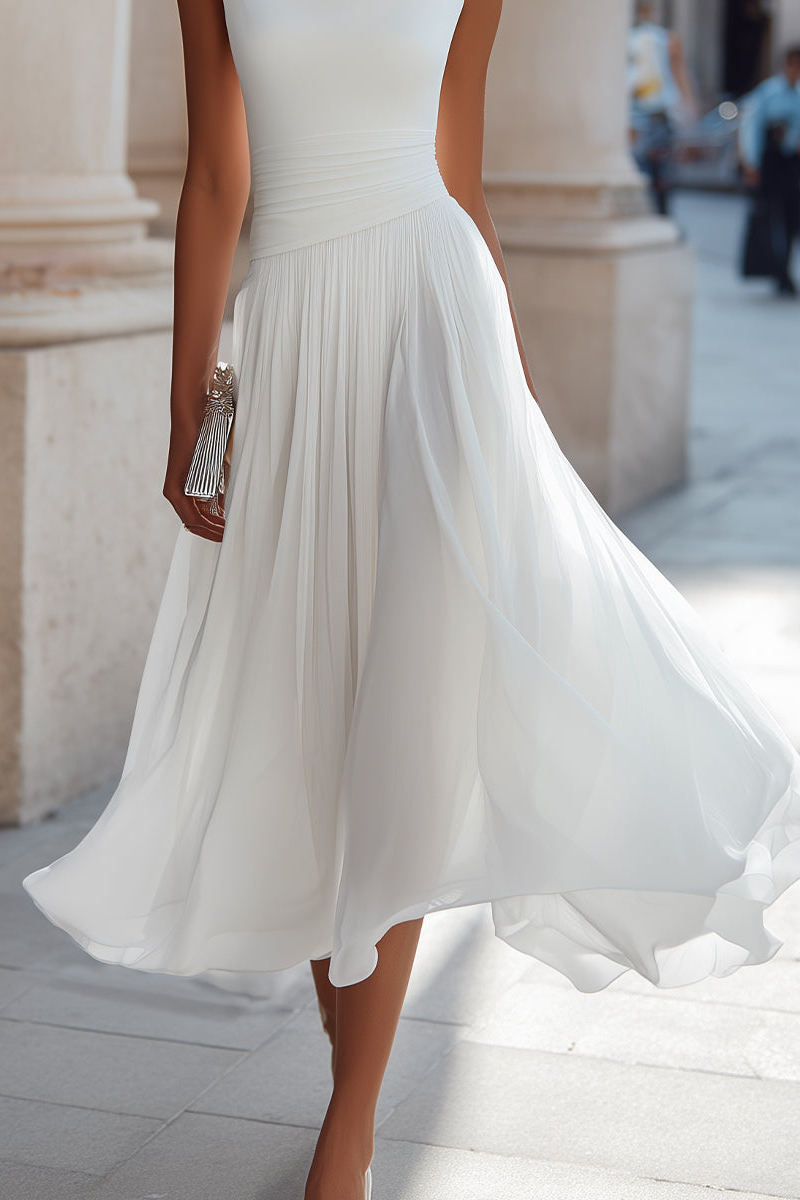 Zephira - Vestido Midi Sin Mangas, Con Cuello Drapeado Y Pliegues