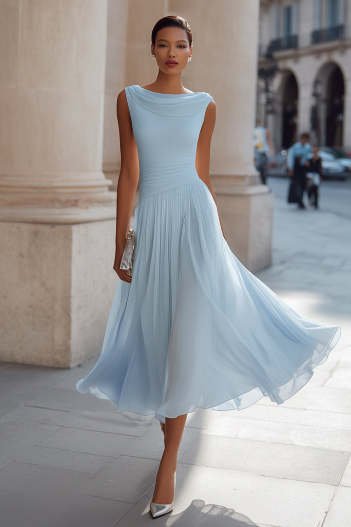 Zephira - Vestido Midi Sin Mangas, Con Cuello Drapeado Y Pliegues
