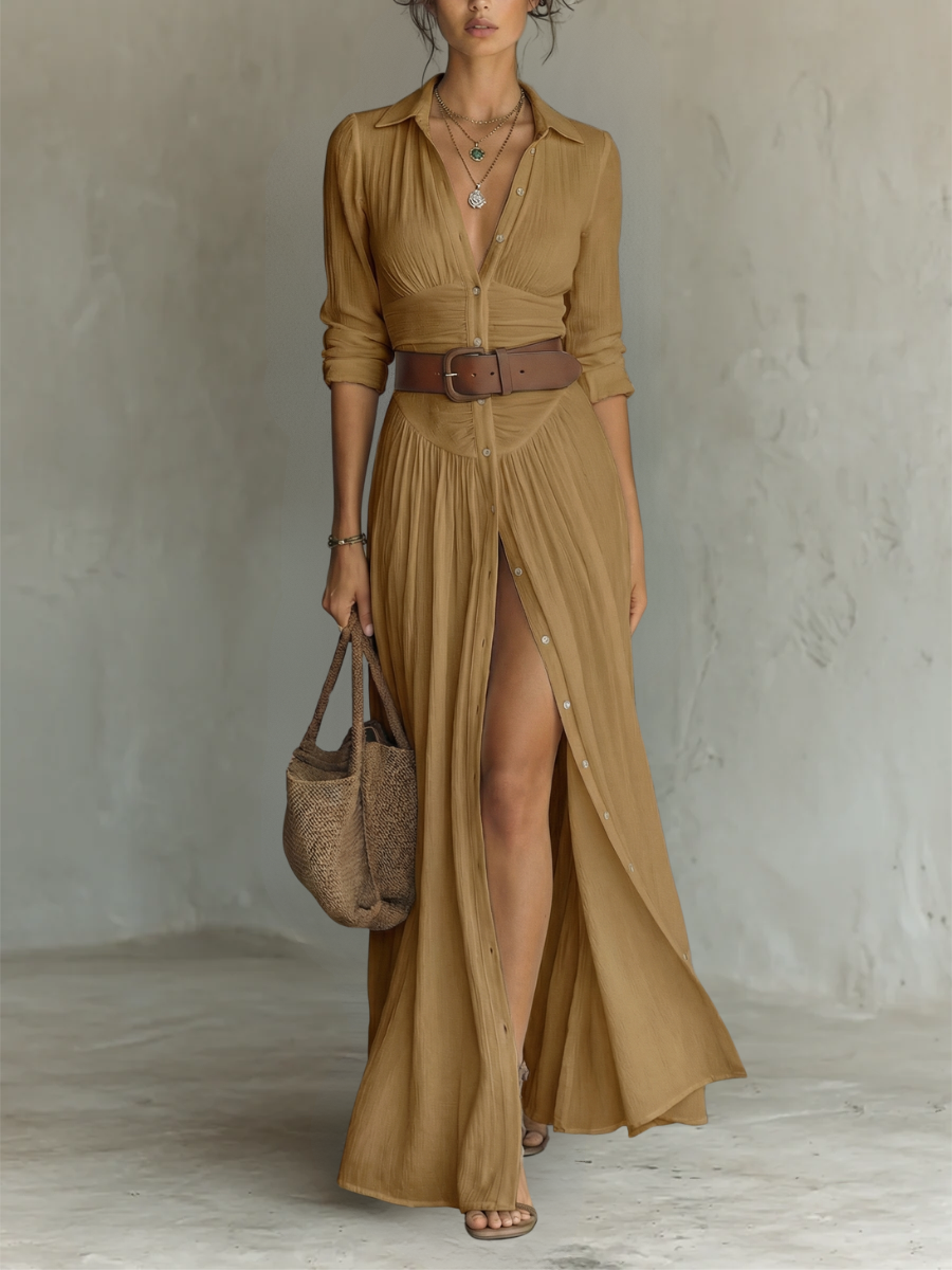 Sewmini - Vestido largo de Lino Con Cuello Con Solapa