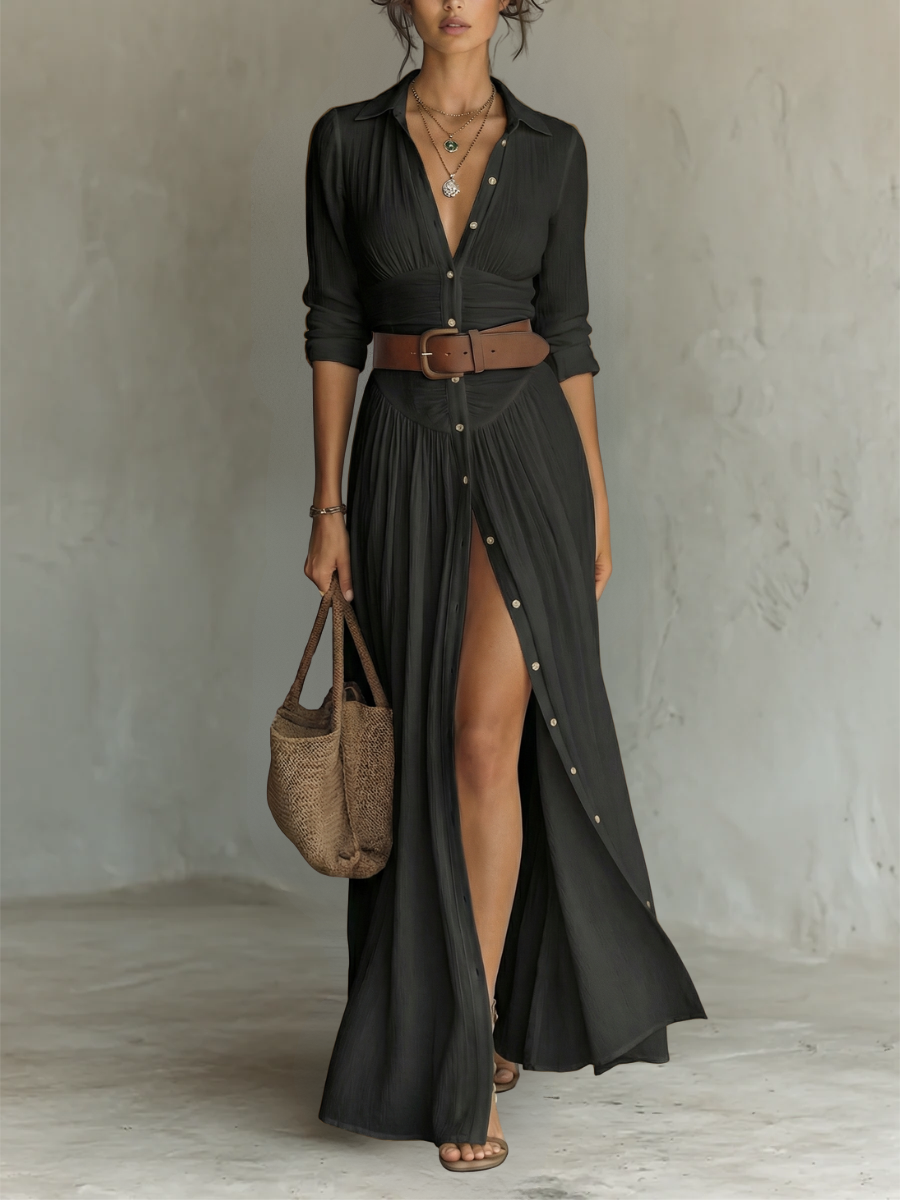 Sewmini - Vestido largo de Lino Con Cuello Con Solapa