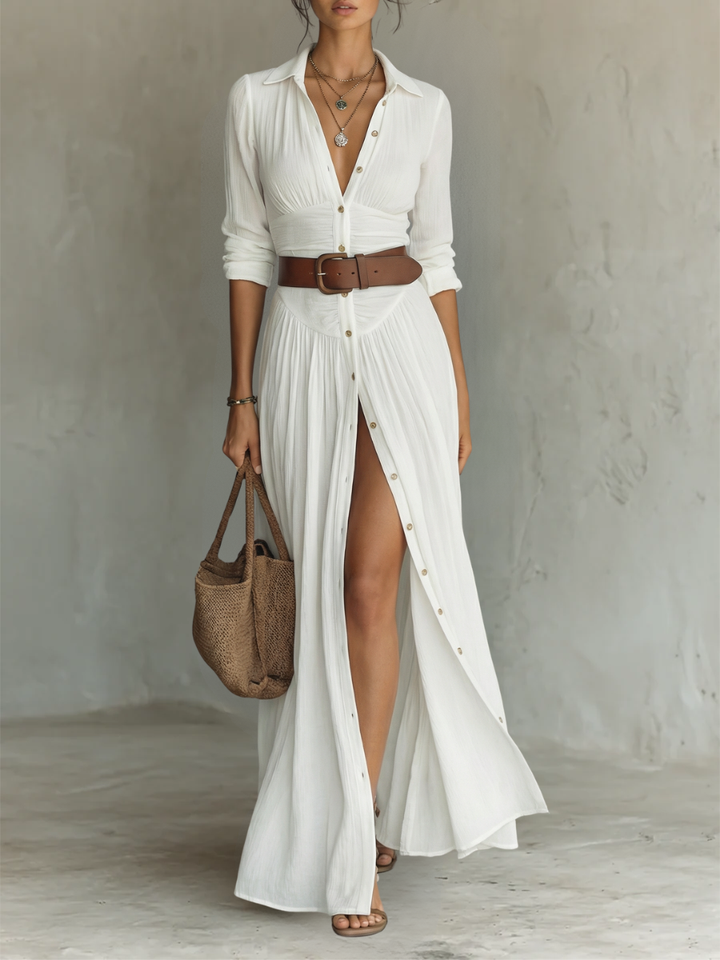Sewmini - Vestido largo de Lino Con Cuello Con Solapa