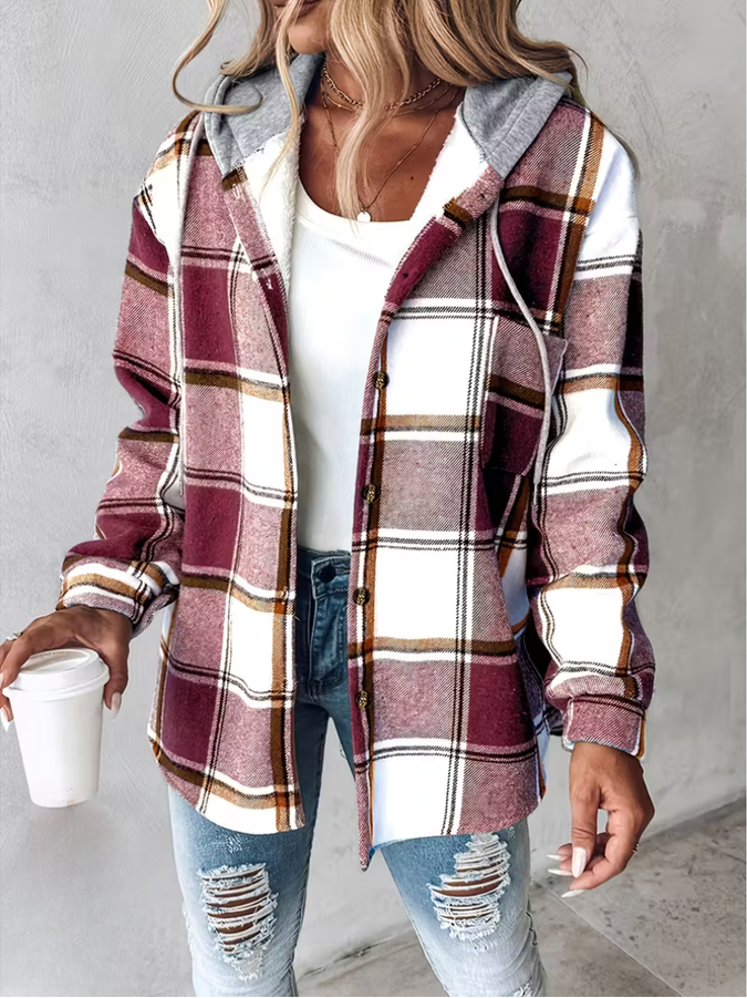 Liene - Chaqueta Camisa Con Capucha y Botones a Cuadros