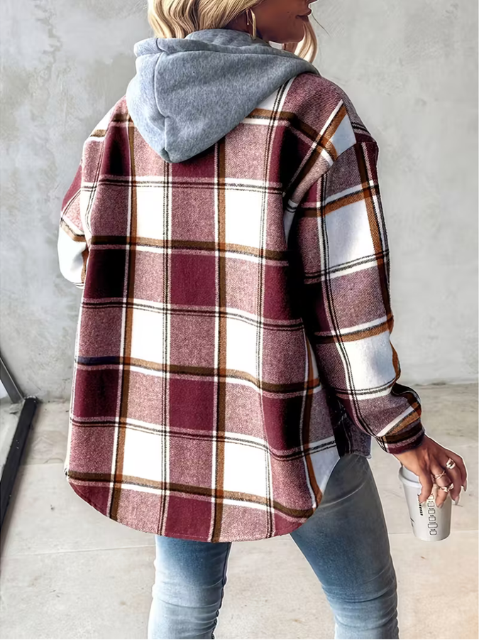 Liene - Chaqueta Camisa Con Capucha y Botones a Cuadros