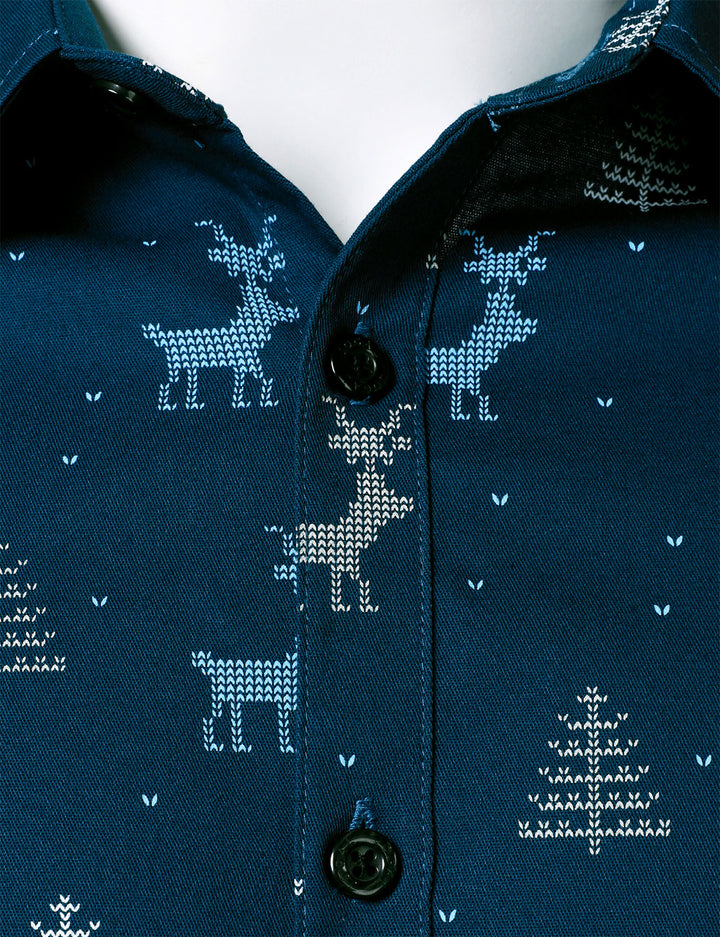 Rowan - Camisa de manga Larga azul marino Transpirable con Estampado de alces y árboles de Navidad para Caballero