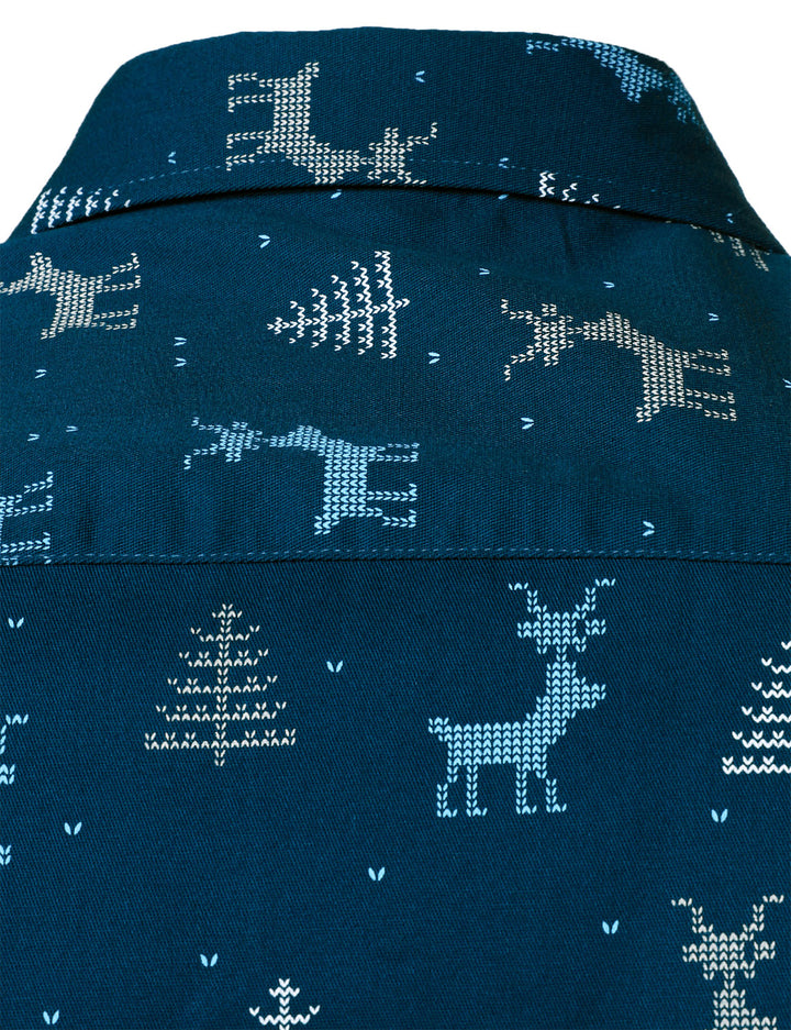 Rowan - Camisa de manga Larga azul marino Transpirable con Estampado de alces y árboles de Navidad para Caballero