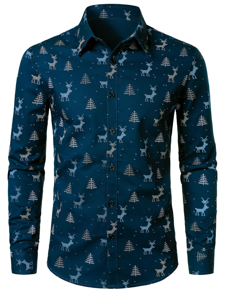 Rowan - Camisa de manga Larga azul marino Transpirable con Estampado de alces y árboles de Navidad para Caballero