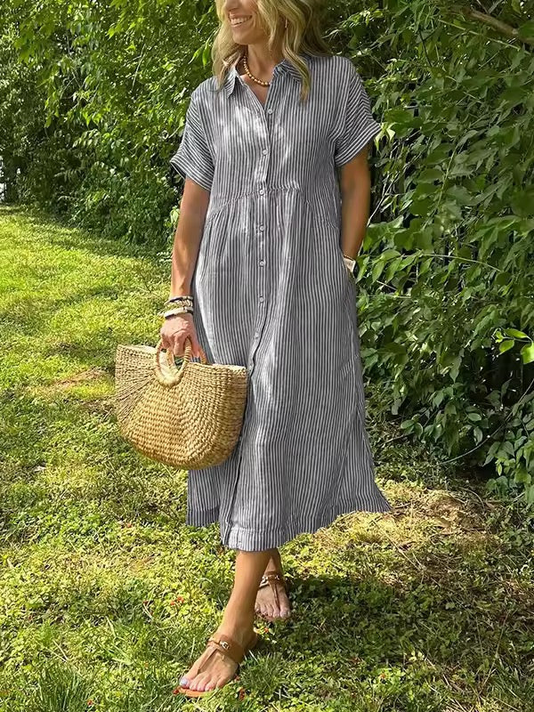 Alory - Cómodo Vestido Midi a Rayas Con Botones